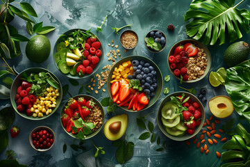 A colorful assortment of fruits and vegetables are displayed on a table. The table is covered with bowls of various sizes, each containing a different type of fruit or vegetable