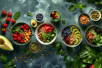 A colorful assortment of fruits and vegetables are displayed on a table. The table is covered with bowls of various sizes, each containing a different type of fruit or vegetable - obrazy, fototapety, plakaty