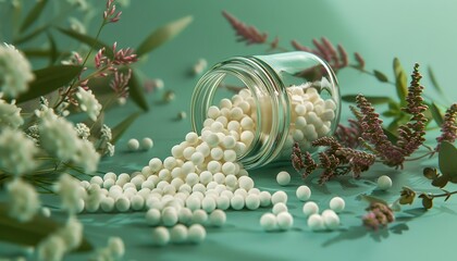 homeopathic balls in a glass jar, strewn, medicinal plants, sunlight, on a blue background