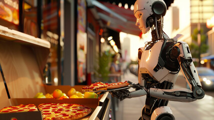 the robot prepares pizza. Robot assistant in the kitchen, cafe. The robot is carrying pizza - obrazy, fototapety, plakaty