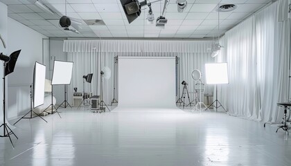 Spacious large white photo studio, racks and softboxes for model shooting
