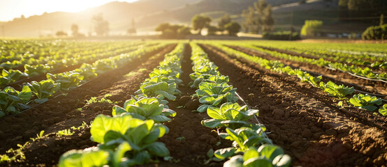 Sunlit Vegetable Field with Fresh Green Lettuce Rows - obrazy, fototapety, plakaty