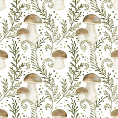 Seamless pattern with watercolor mushrooms, flowers,leaves and sprigs