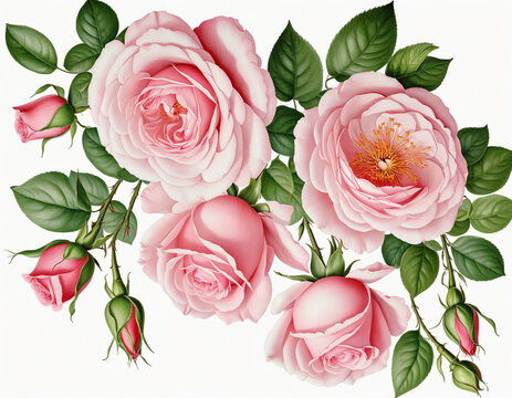 Collection of Pink Bright Colours vintage roses with branch