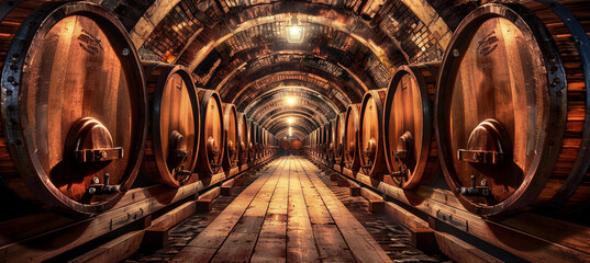 Vintage Wooden Barrels Lined in a Wine Cellar