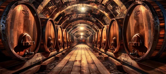 Fotobehang Vintage Wooden Barrels Lined in a Wine Cellar © swissa