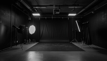 Spacious large black photo studio, racks and softboxes for model shooting