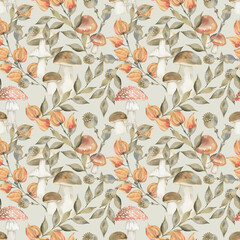 Seamless pattern with watercolor mushrooms, flowers,leaves and sprigs