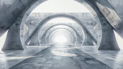 A 3D render of abstract futuristic glass architecture with an empty concrete floor - obrazy, fototapety, plakaty