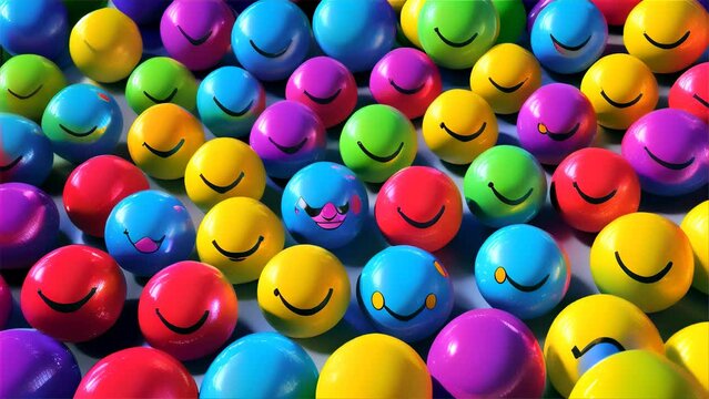 A multitude of cheerful, multicolored smiley face balls tightly packed together, offering a diverse palette of positivity and emotion.