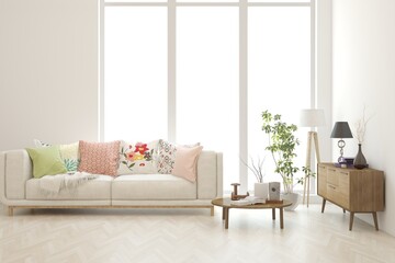 White living room with sofa. Scandinavian interior design. 3D illustration