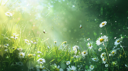 Bees Flying Over Daisy Field with Sunlight Flares