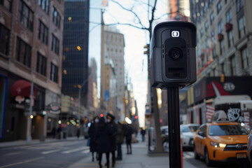 Obraz premium Detection or recognition sensor placed on a city street, safety of people on city streets, security camera