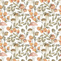 Seamless pattern with watercolor mushrooms, flowers,leaves and sprigs