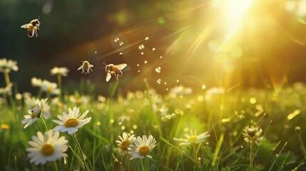 Bees Flying Over Daisies in Sunlit Grass Field