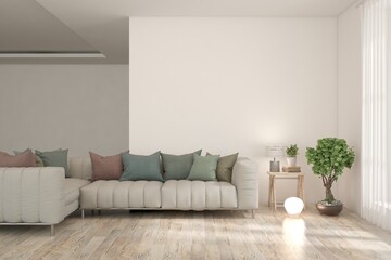 White living room with sofa. Scandinavian interior design. 3D illustration - obrazy, fototapety, plakaty