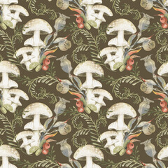 Seamless pattern with watercolor mushrooms, flowers,leaves and sprigs