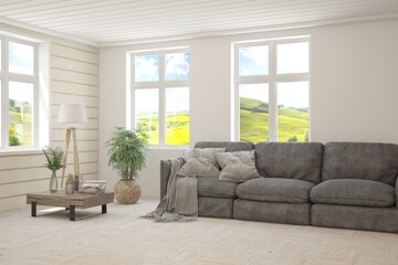White living room with sofa and summer landscape in window. Scandinavian interior design. 3D illustration - obrazy, fototapety, plakaty