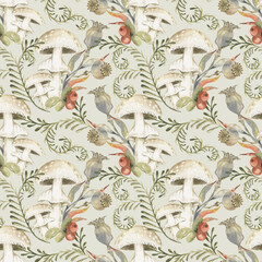 Seamless pattern with watercolor mushrooms, flowers,leaves and sprigs