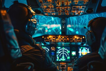 Fototapeta na wymiar Aircraft cockpit with pilots and neon lighting