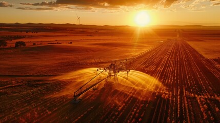 Aerial view of a farm using pivot irrigation at sunset, a sustainable farming method for watering crops efficiently - obrazy, fototapety, plakaty