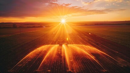 Aerial view of a farm using pivot irrigation at sunset, a sustainable farming method for watering crops efficiently