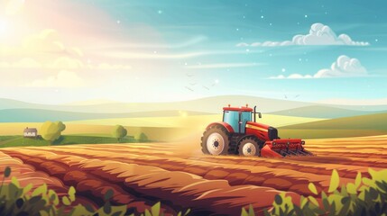 Obraz premium A tractor plows through a field against a backdrop of a rural landscape