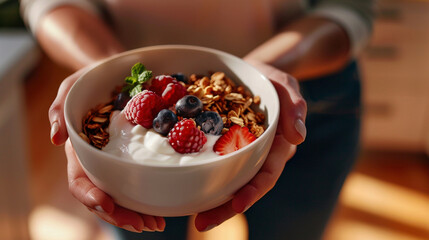 Close-Up of Healthy Breakfast Bowl in Hands with Sunlight