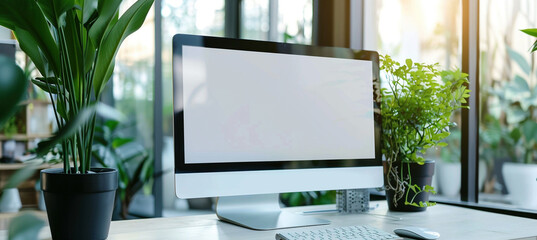 Blank Computer Monitor in Bright Modern Office