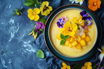 A bowl of yellow and purple food with flowers on top. The bowl is on a white plate