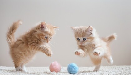 Two very cute white kittens is playing ball