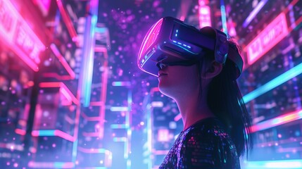 VR adventure, Woman encounters high-tech AI and online worlds in the metaverse, detailed in 4k