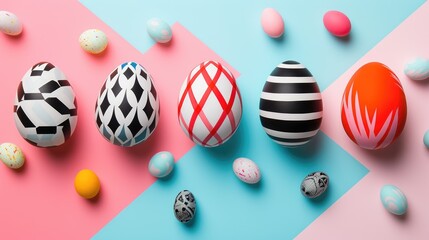 a bunch of colorful easter eggs on a red background . High quality AIG42E - Powered by Adobe