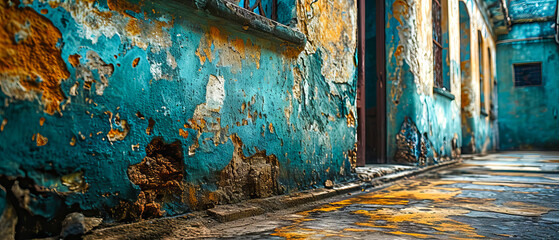 Aged Turquoise Wall along a Cobblestone Path