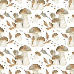 Seamless pattern with watercolor mushrooms, flowers,leaves and sprigs