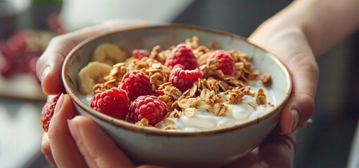 Healthy Breakfast Bowl of Granola and Greek Yogurt with Raspberries - obrazy, fototapety, plakaty