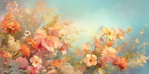 Fototapeta na wymiar AI Generated. AI Generative. Vintage retro soft painting drawing watercolor oil floral flowers decorative bloom field wild flowers template. Graphic Art