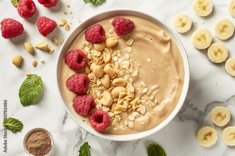 Poster a bowl of peanut butter with a spoon in it and a pile of peanuts on the table. the bowl is almost em