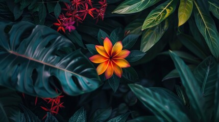A colorful flower stands out against the dark foliage of a tropical nature background