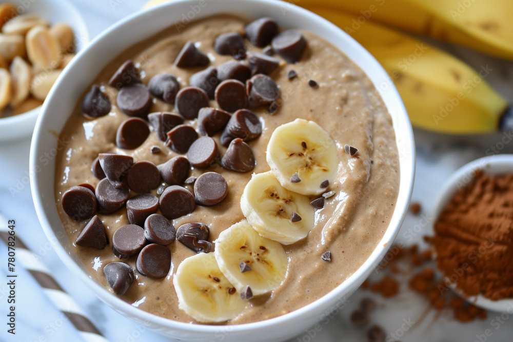 Poster a bowl of peanut butter with a spoon in it and a pile of peanuts on the table. the bowl is almost em