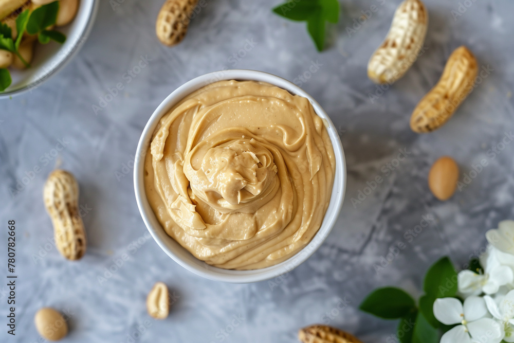 Poster a bowl of peanut butter with a spoon in it and a pile of peanuts on the table. the bowl is almost em