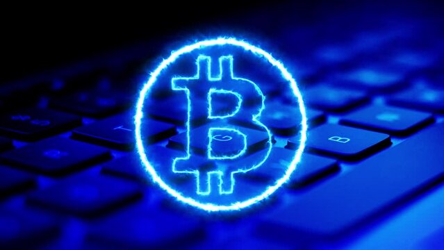 Bitcoin Symbol neon, Concept of Digital Payments on computer keyboard background, cryptocurrency
