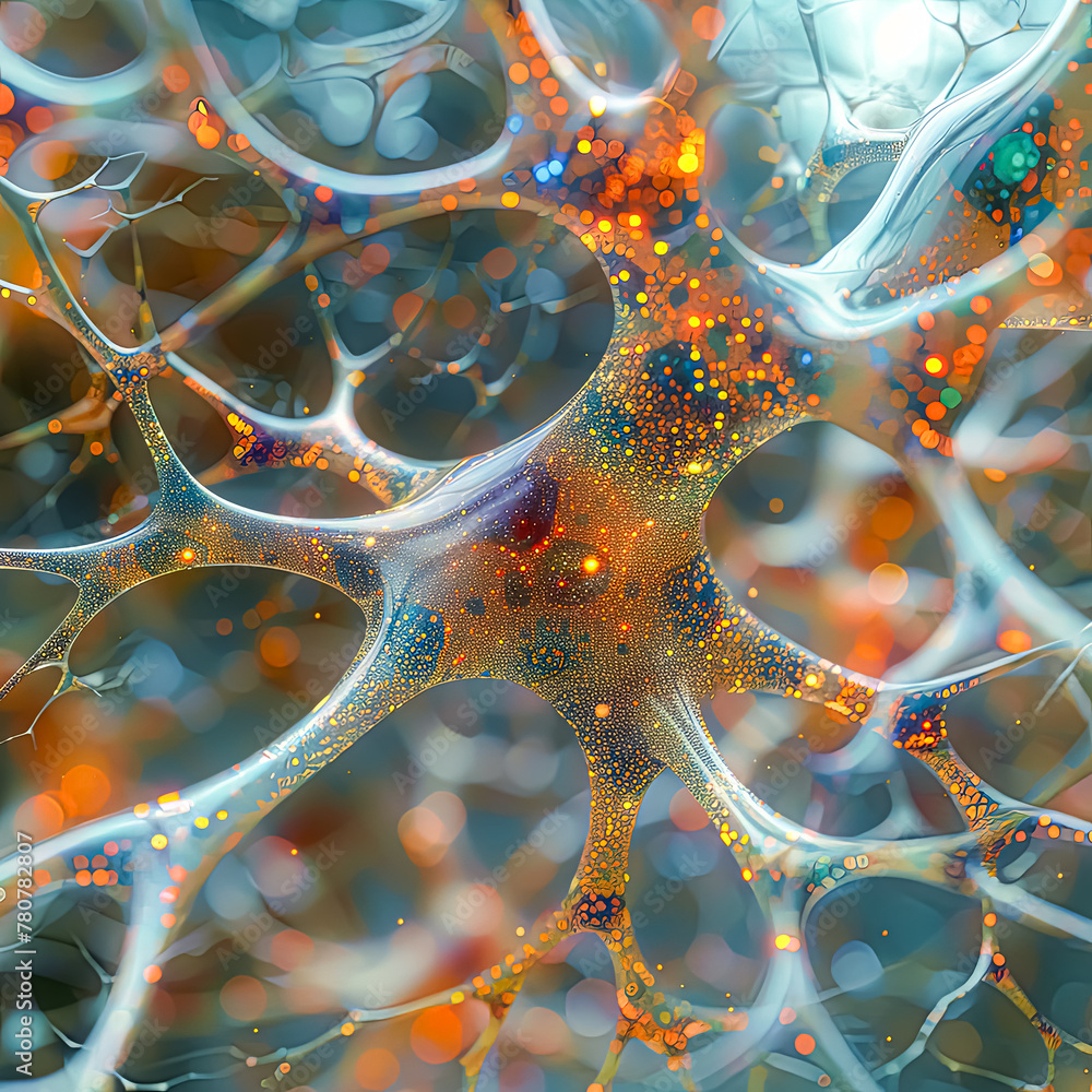 Poster a colorful, abstract image of a brain with many branches and a large orange blob in the center