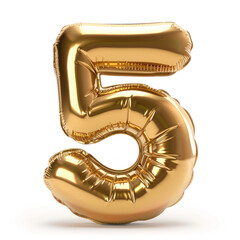 Golden Number Balloons number five. Realistic 3d render air balloon. Helium balloons. Party, birthday, celebrate anniversary and wedding. Realistic design elements.