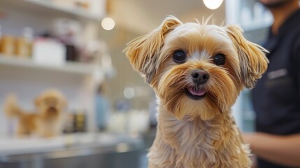 Behind-the-scenes of advanced pet grooming, showcasing skilled groomers and happy pets, detailed focus