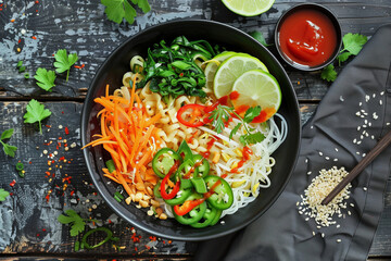 A bowl of noodles with vegetables and a spoon. The bowl is filled with noodles, carrots, and mushrooms. There are also some spices and a wooden spoon