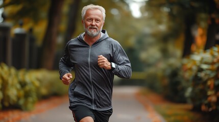 Naklejka na ściany i meble Stylish senior couple jogging in the park, wearing sportswear and smiling while running together outdoors at sunset. The concept of fitness for elderly people. 8k, real created by ai