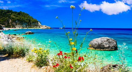 Greek summer destinations. Turquoise beautiful beaches  of Lefkada island, Agios Nikitas village .Greece, Ionian islands - 780783698