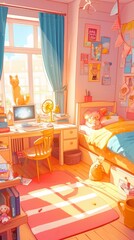 Illustration of a girl's room, a room for a little girl with toys, a bed and a table
