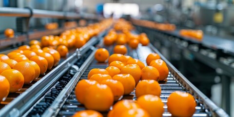 oranges on a conveyor belt for the production of natural orange juice. Generative AI